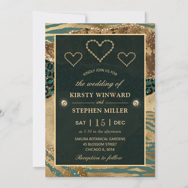 Invitation Safari Gold et Green Jungle & Mariage Parties scin (Devant)