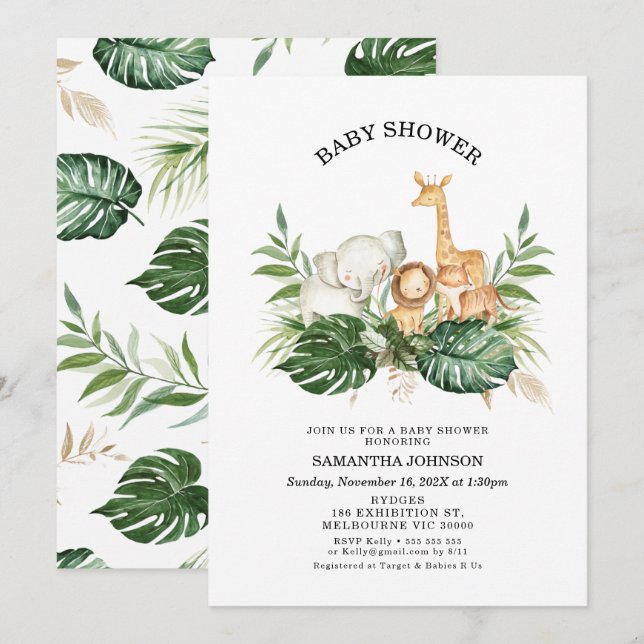 Invitation Safari Green Foliage Un Baby shower neutre pour le (Devant / Derrière)