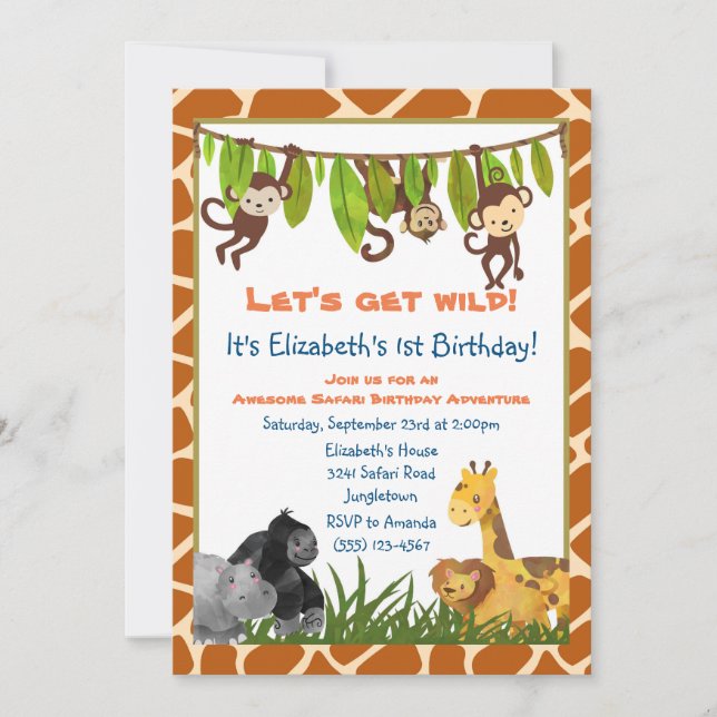 Invitation Safari Jungle Animal Thème Anniversaire Fête Invit (Devant)