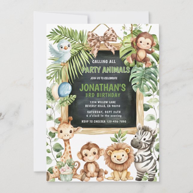 Invitation  Safari Jungle Animals Greenery Birthday (Devant)