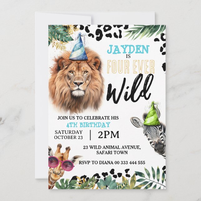 Invitation Safari Jungle Animaux 4ème anniversaire sauvage de (Devant)