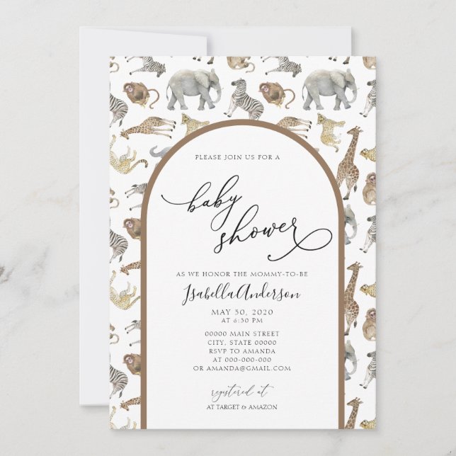 Invitation Safari Jungle Animaux Boho Arch Baby shower (Devant)