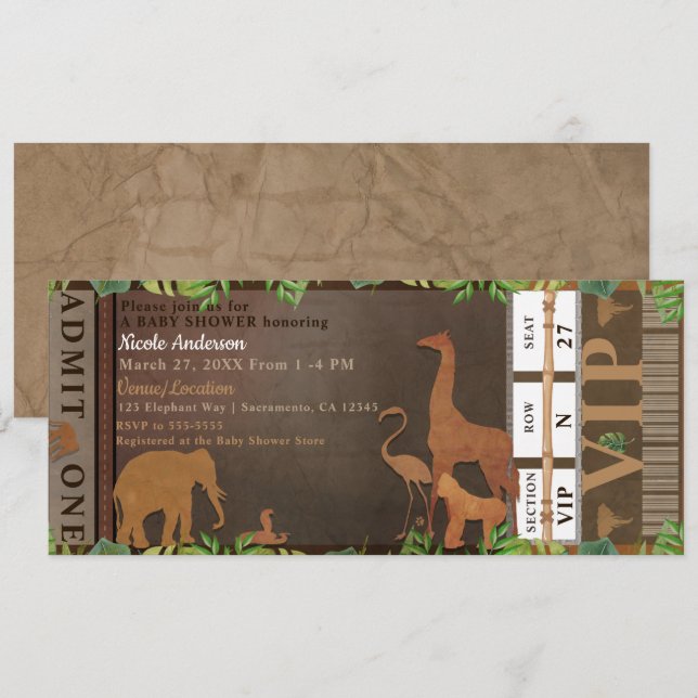 Invitation Safari Jungle Animaux Brown Baby shower Billet (Devant / Derrière)