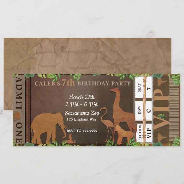 Invitation Safari Jungle Animaux Brown Billet d'anniversaire (Devant / Derrière)