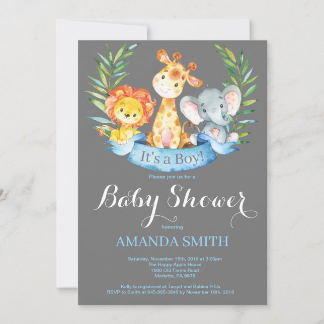Invitation Safari Jungle Animaux garçon Baby shower Invitatio (Devant)