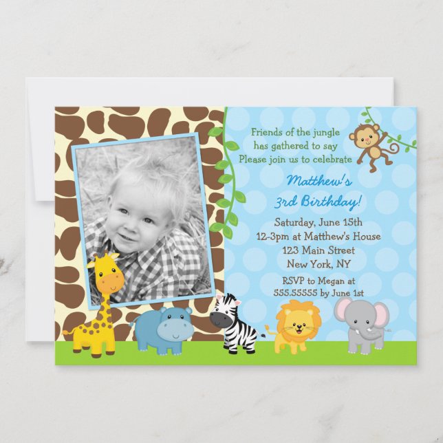 Invitation Safari Jungle Animaux Photo Anniversaire Invitatio (Devant)