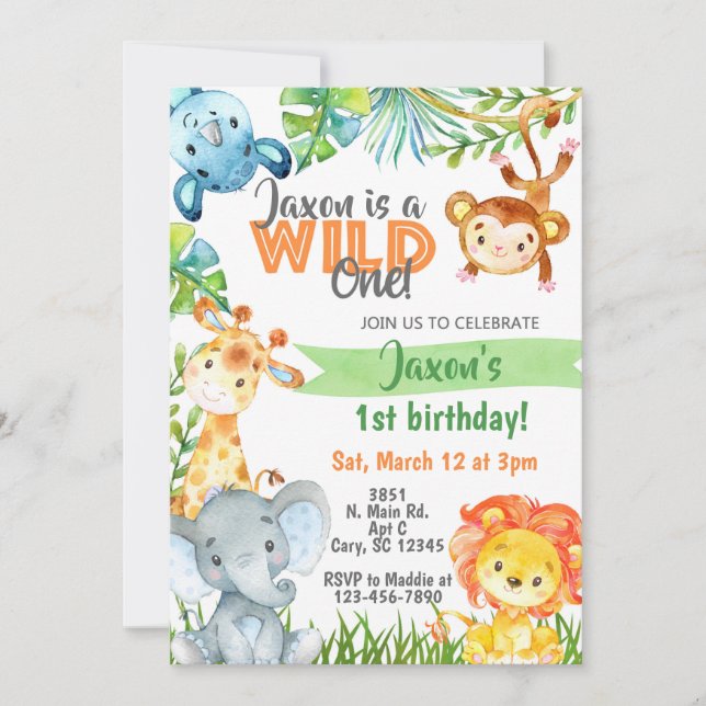Invitation Safari Jungle garçon 1er anniversaire invitation. (Devant)