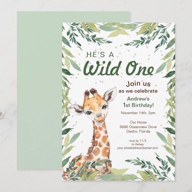 Invitation Safari Jungle Giraffe Wild One fête d'anniversaire (Devant / Derrière)