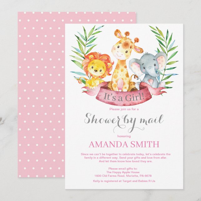 Invitation Safari Jungle Girl Baby shower par la poste (Devant / Derrière)