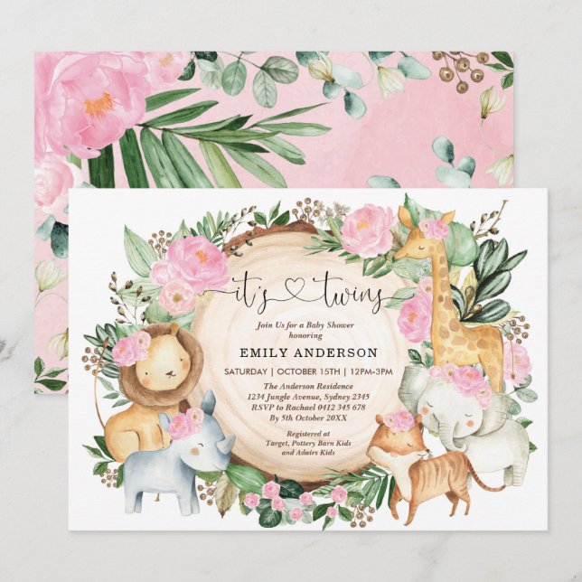 Invitation Safari-jungle rose florale Animaux Twin Girls Baby (Devant / Derrière)