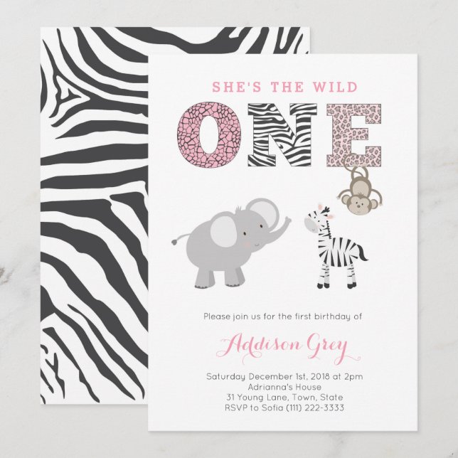 Invitation Safari Jungle rose Gris Premier Anniversaire Pour  (Devant / Derrière)