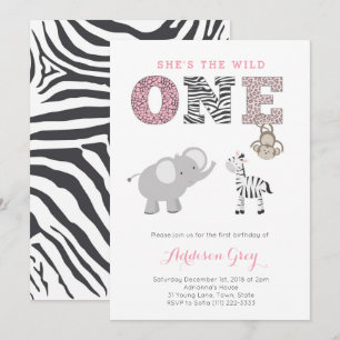 Invitation Safari Jungle rose Gris Premier Anniversaire Pour