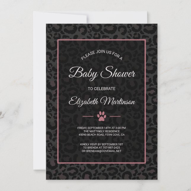 Invitation Safari Leopard Baby shower en or rose noire (Devant)