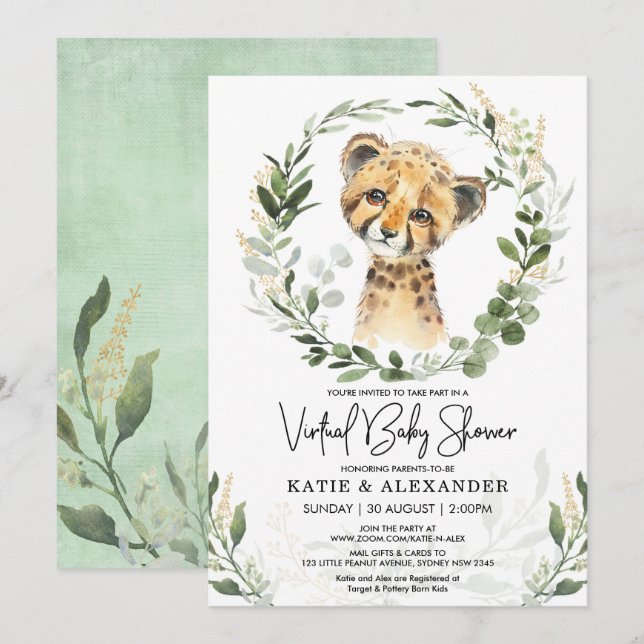 Invitation Safari-léopard d'or de verdure du Baby shower virt (Devant / Derrière)