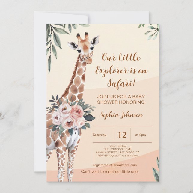Invitation Safari Little Explorer Giraffe Baby shower (Devant)