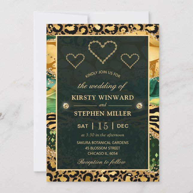 Invitation Safari Mariage Jungle Verte Pailletée Agate (Devant)
