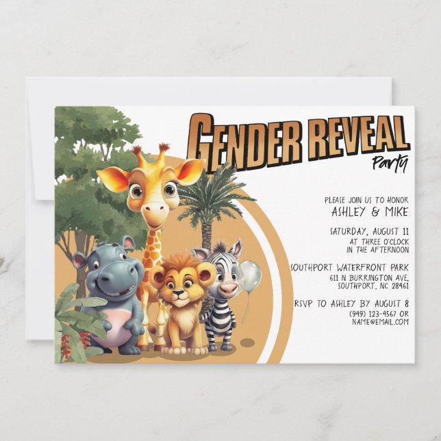 Invitation Safari moderne mignon bébé Animaux Genre Révéler (Devant)
