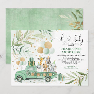 Invitation Safari Neutre Animaux Baby shower vert Or