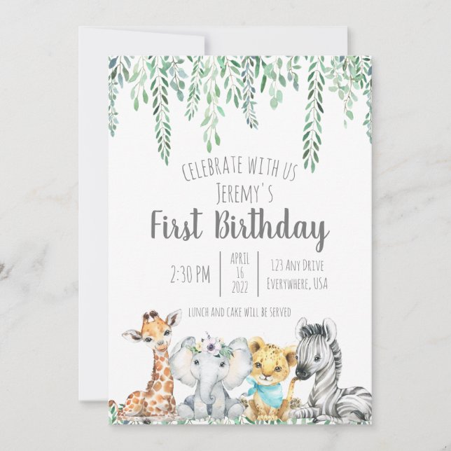 Invitation Safari neutre genre thème premier anniversaire (Devant)