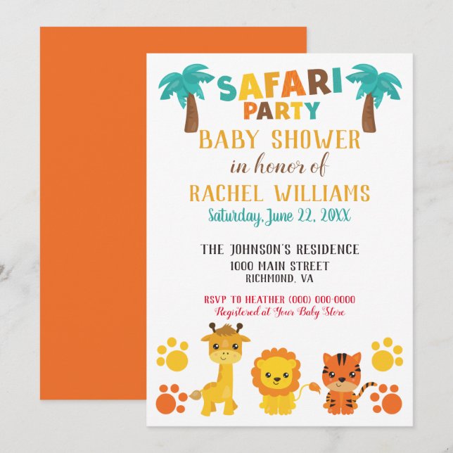 Invitation Safari Party Baby shower neutre du genre (Devant / Derrière)