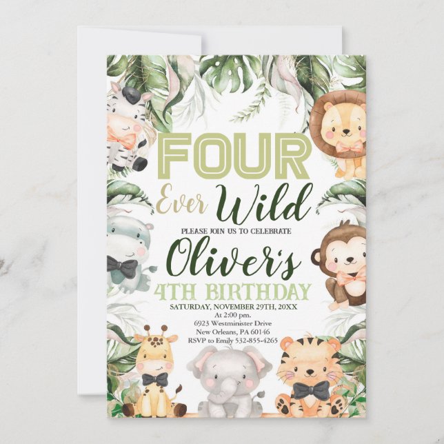 Invitation Safari quatre Ever Wild, 4e Anniversaire animaux d (Devant)