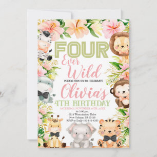 Invitation Safari quatre Ever Wild, 4e Anniversaire animaux d