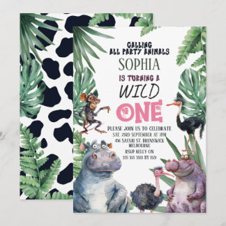 Invitation Safari rose Animaux sauvages Un 1er anniversaire