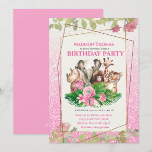 Invitation Safari Rose Cute Jungle Animaux Fête d'anniversair