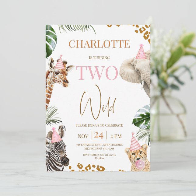 Invitation Safari rose deux Wild 2e anniversaire (Debout devant)