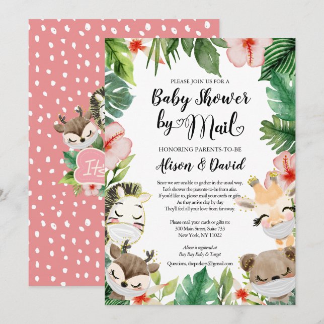 Invitation Safari rose Floral Greenery Girl Douche par Mail I (Devant / Derrière)