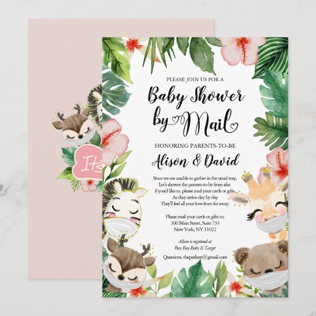 Invitation Safari rose floral vert fille douche par courrier (Devant / Derrière)