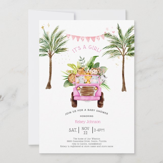 Invitation Safari rose Jungle Palmiers Baby shower fille (Devant)