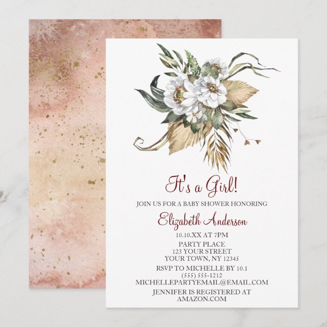Invitation Safari Sahara Savanna Floral Baby shower FILLE  (Devant / Derrière)