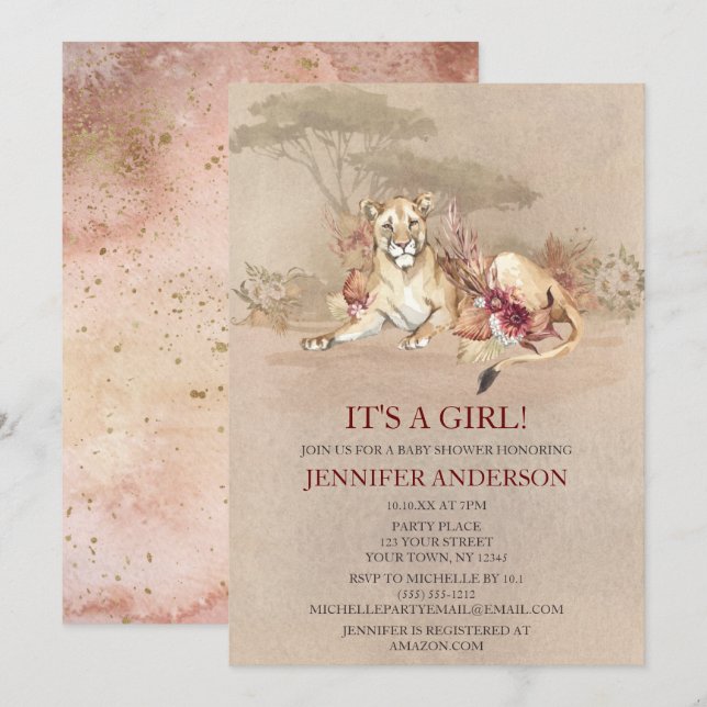 Invitation Safari Sahara Savanna Lion Baby shower FILLE (Devant / Derrière)