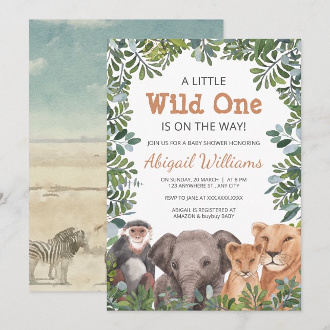 Invitation Safari sauvage animal - singe, Baby shower éléphan (Devant / Derrière)