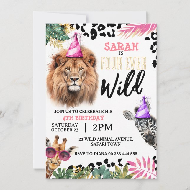 Invitation Safari sauvage quatre-jamais Animaux Fille 4e anni (Devant)