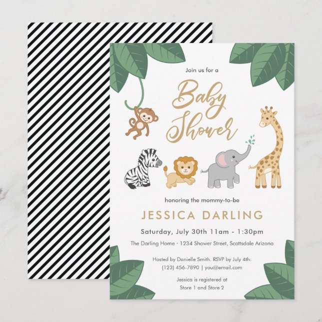 Invitation Safari thème Baby shower avec de mignons bébés ani (Devant / Derrière)