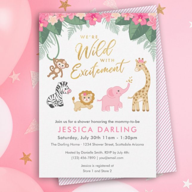 Invitation Safari thème Baby shower avec de mignons bébés ani (Wild With Excitement Baby Shower)