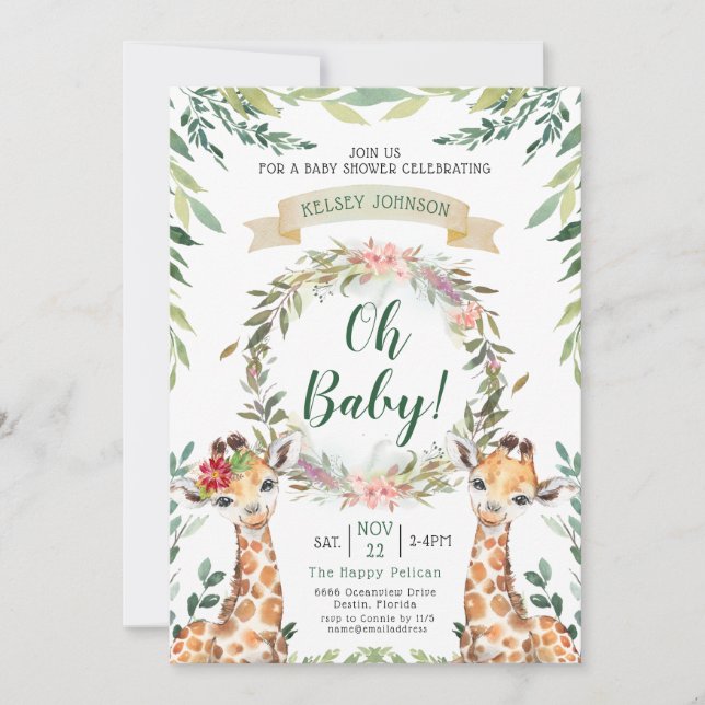 Invitation Safari vert Giraffe Oh Baby shower (Devant)