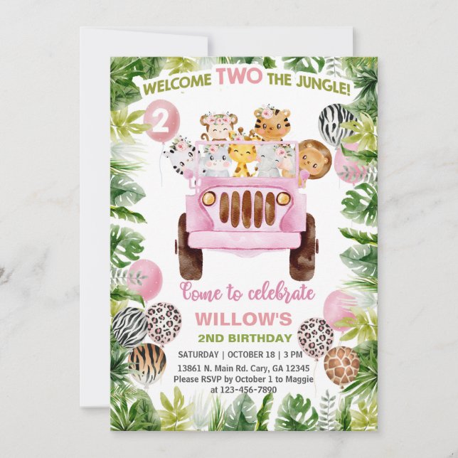 Invitation Safari voiture & animaux fille 2e anniversaire inv (Devant)