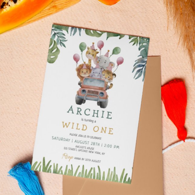 Invitation Safari Wild One 1er Anniversaire Jungle Animaux (1st Birthday Safari Zoo Animals Jungle invitation template party animals watercolor cute kids)