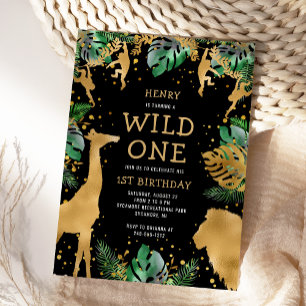 Invitation Safari Wild One 1er Anniversaire Noir Vert Or