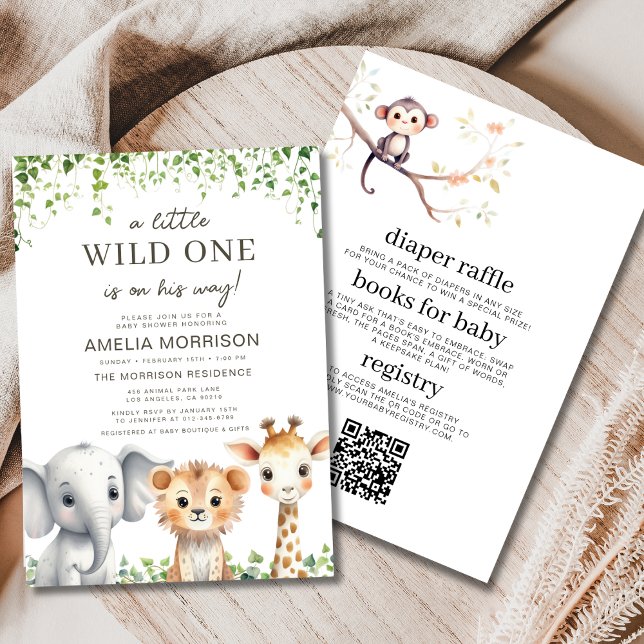 Invitation Safari Wild One All in One Code QR Baby shower (Créateur téléchargé)