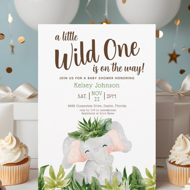 Invitation Safari Wild One Elephant Baby shower de verdure (Créateur téléchargé)