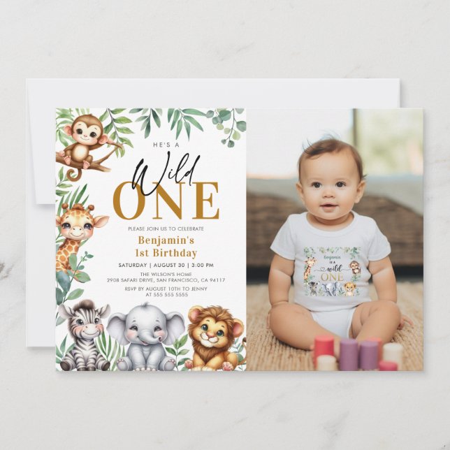 Invitation Safari Wild One Jungle Animaux 1er Anniversaire Ph (Devant)