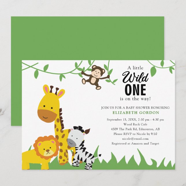 Invitation Safari Wild Un Baby shower Jungle Animaux mignons (Devant / Derrière)