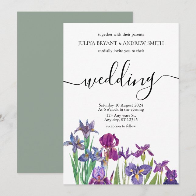 Invitation Saga green Unique mariage de script floral (Devant / Derrière)