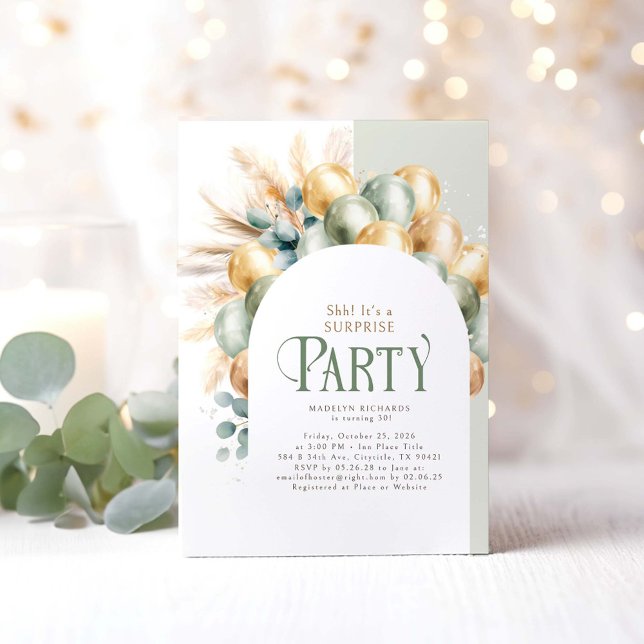 Invitation Sage and Gold Boho Arch Surprise fête d'anniversai (Surprise Birthday Invitations)