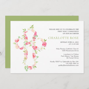 Invitation Sage Aquarelle Croix Florale Première communion sa