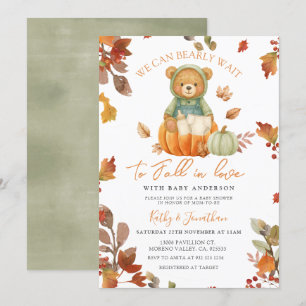 Invitation Sage Bear Chute en Amour Baby shower Citrouille
